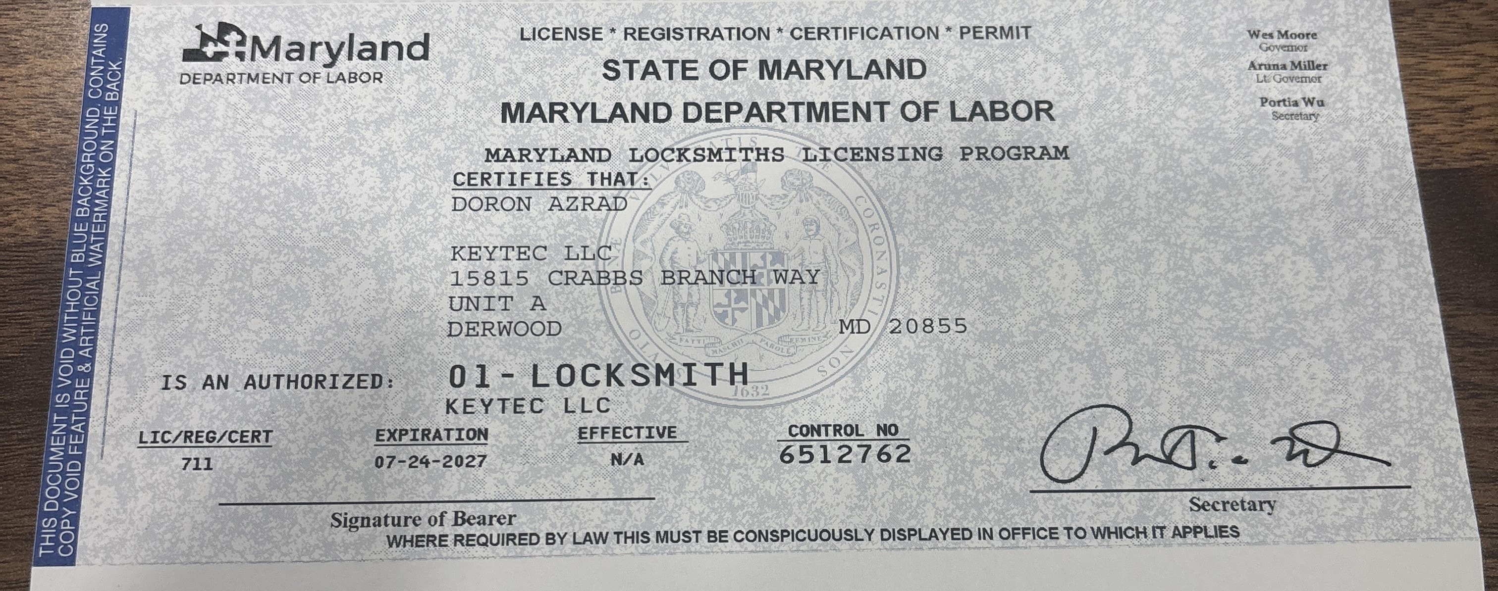 Maryland Locksmith License — Key Tec LLC License No. 711